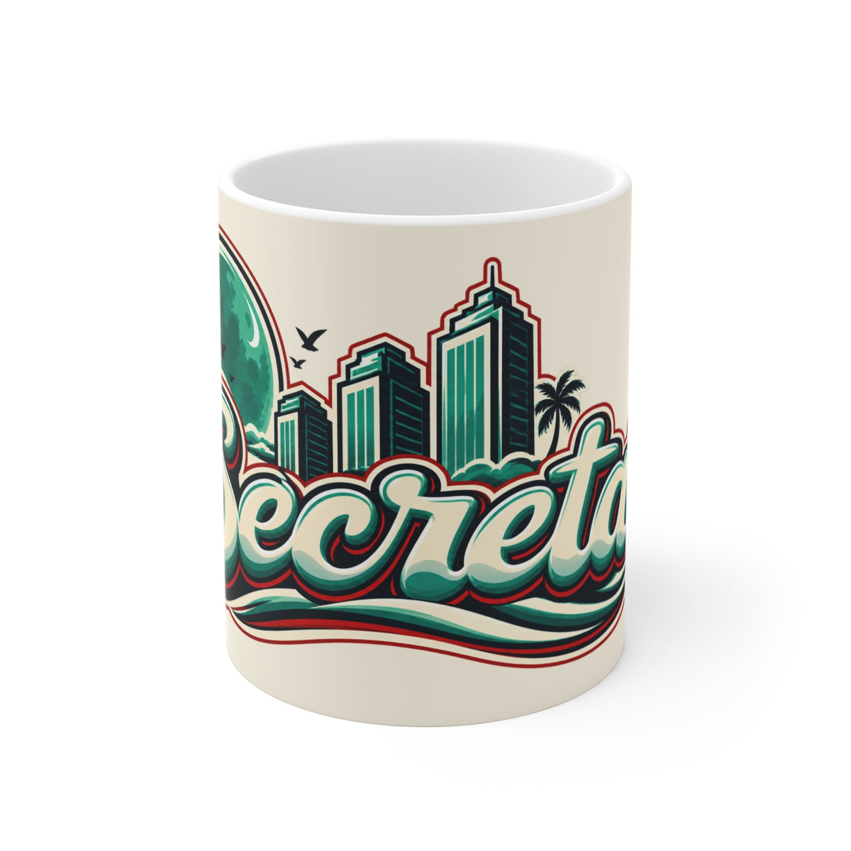 Secret City Vintage Beach Mug — Retro Palm & Skyline 11oz Coffee Cup