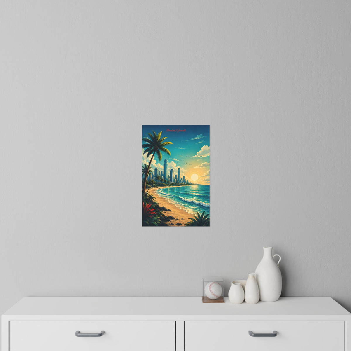 Tropical Beach Sunset Wall Decal | Palm Trees, City Skyline, Ocean Waves