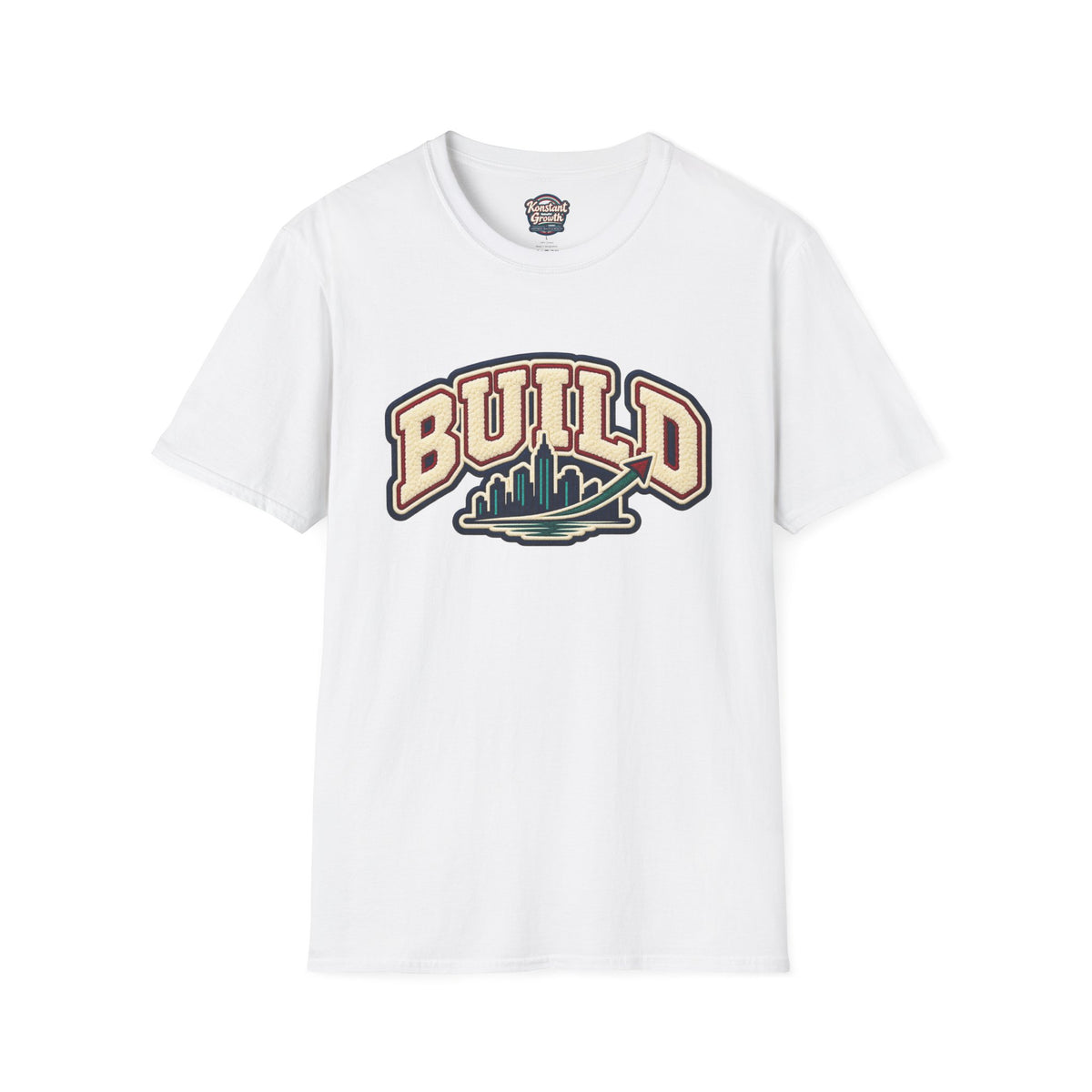 Build City Tee — Retro ‘BUILD’ Graphic T-Shirt with Coastal Cityscape Back Print Printify