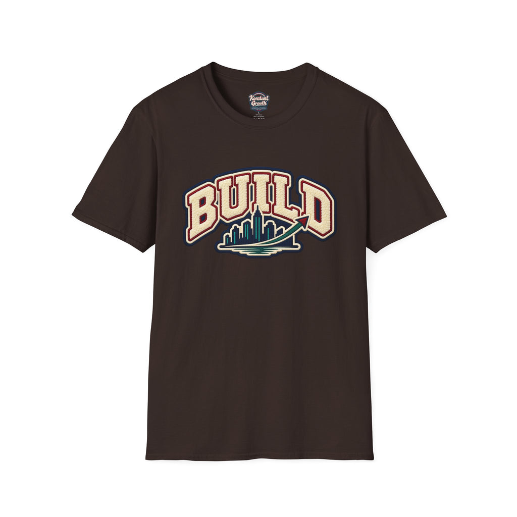 Build City Tee — Retro ‘BUILD’ Graphic T-Shirt with Coastal Cityscape Back Print