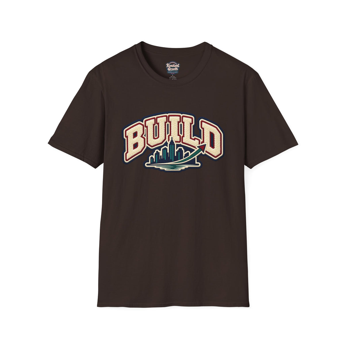 Build City Tee — Retro ‘BUILD’ Graphic T-Shirt with Coastal Cityscape Back Print