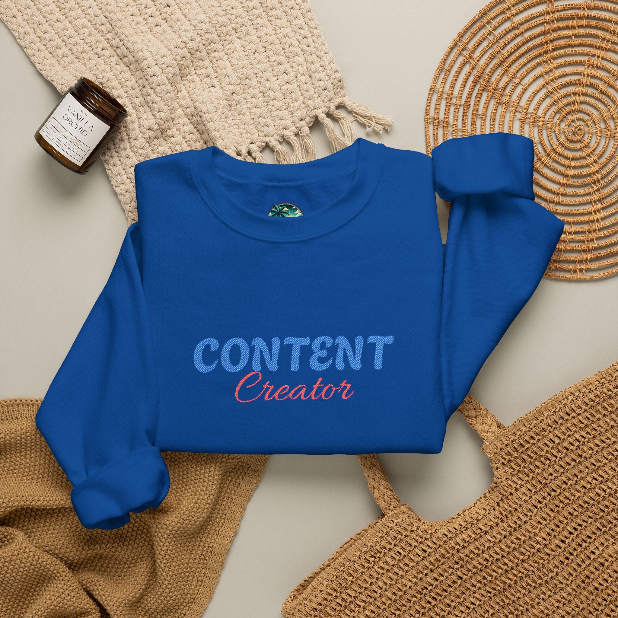 Content Creator Sweatshirt | Embroidered Script Logo, White Crewneck