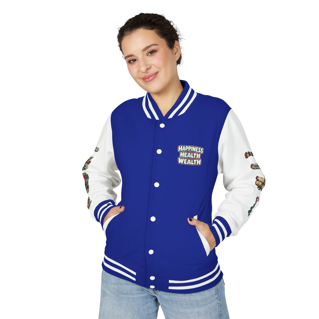 Letterman Jacket — "Konstant Growth" Palm Graphic with "Happiness Health Wealth" Chest Patch