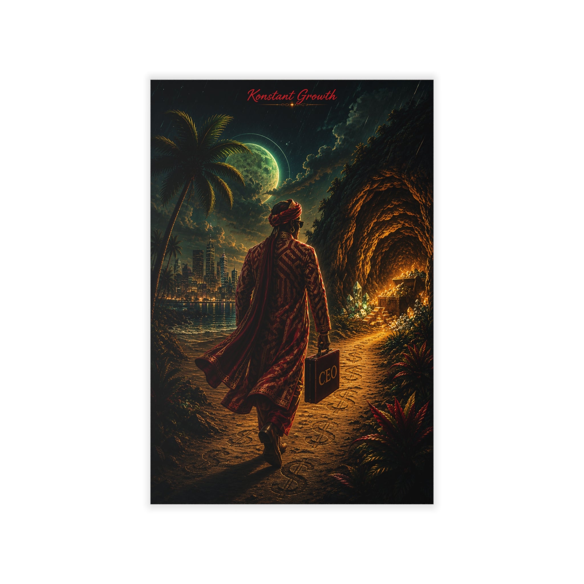 Mystic Hebrew Israelite Traveler poster wall decal | retro city, moonlit beach, cave pathway