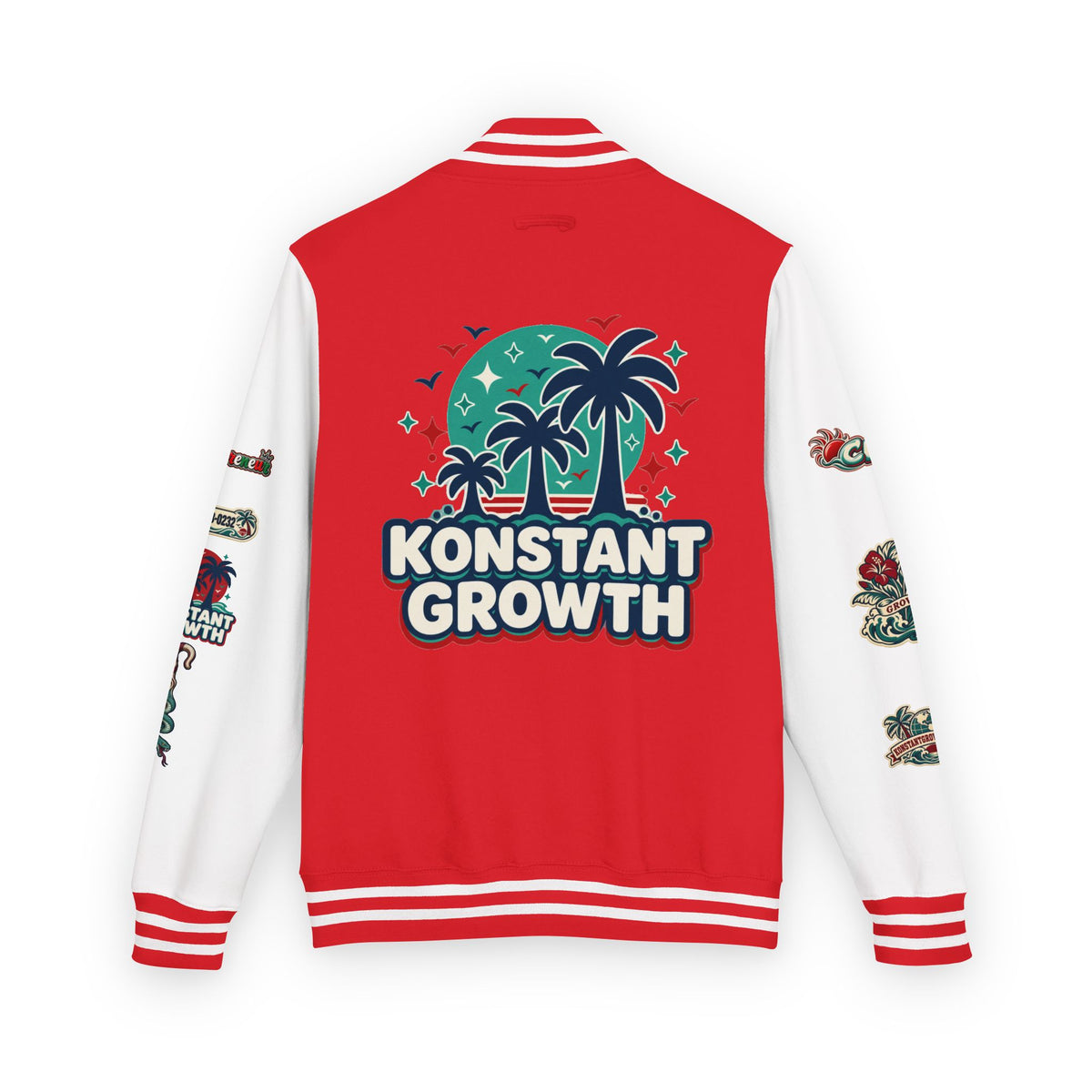 Letterman Jacket — "Konstant Growth" Palm Graphic with "Happiness Health Wealth" Chest Patch Printify