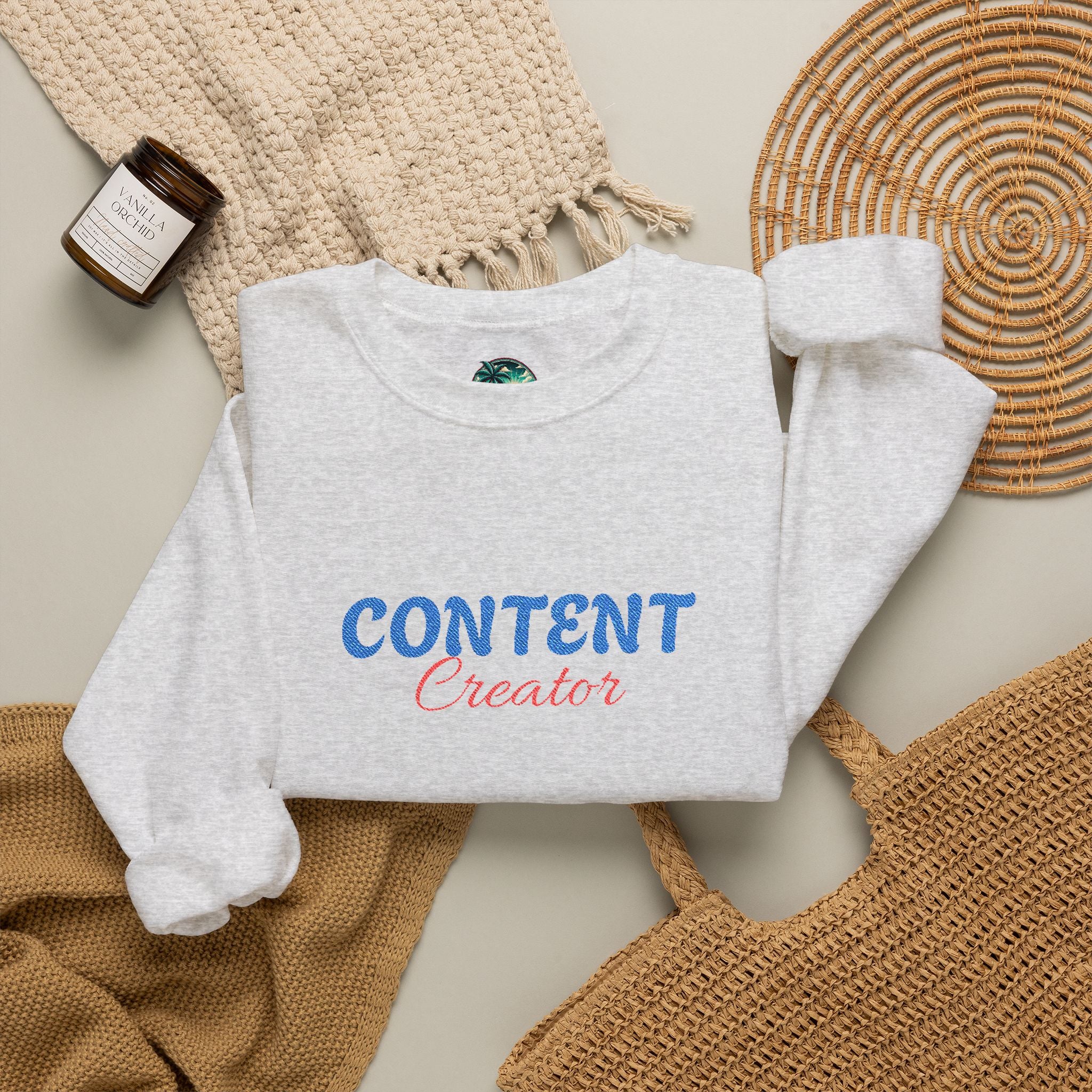 Content Creator Sweatshirt | Embroidered Script Logo, White Crewneck