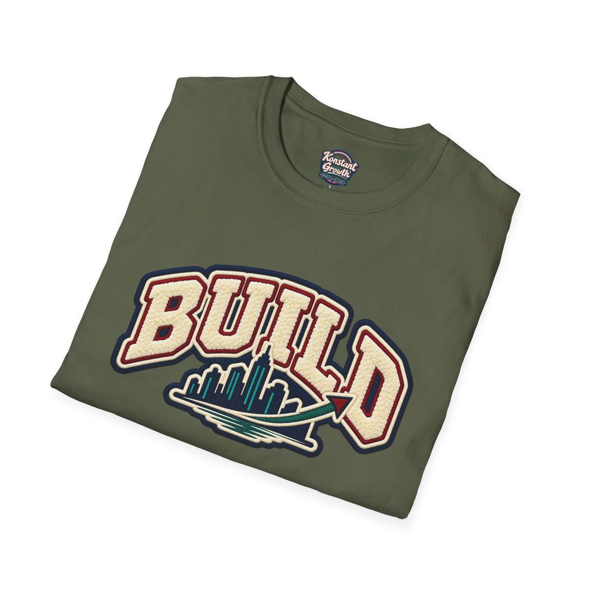 Build City Tee — Retro ‘BUILD’ Graphic T-Shirt with Coastal Cityscape Back Print