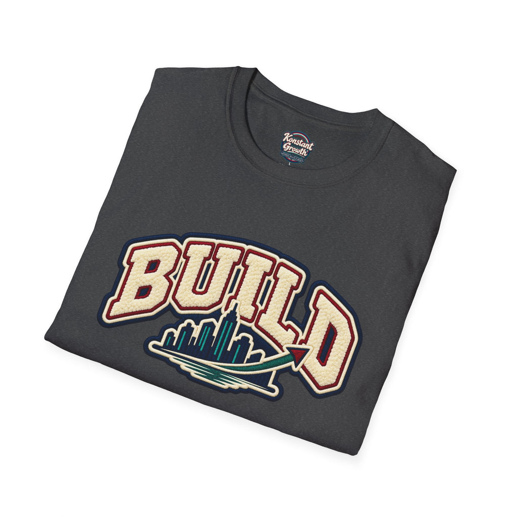Build City Tee — Retro ‘BUILD’ Graphic T-Shirt with Coastal Cityscape Back Print