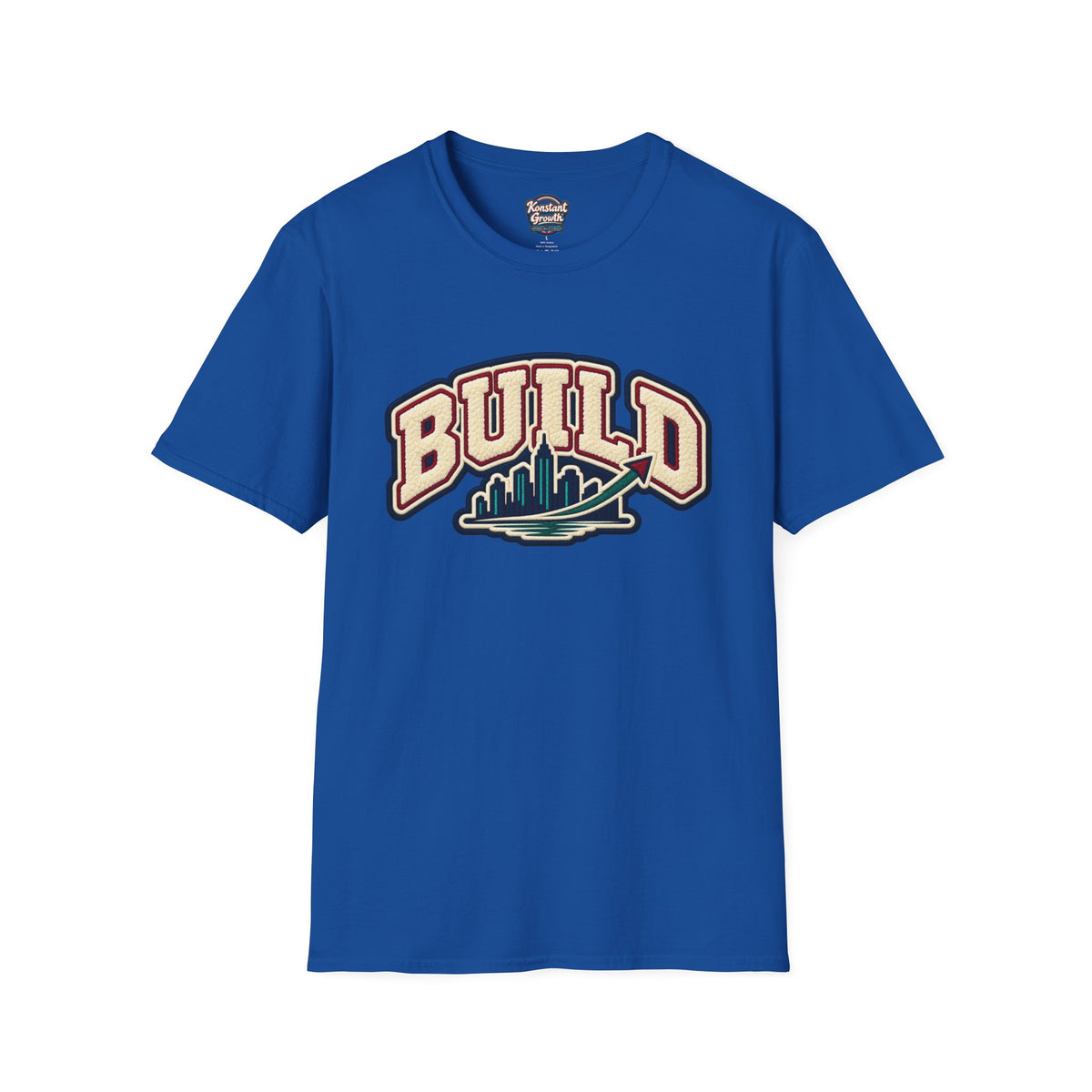 Build City Tee — Retro ‘BUILD’ Graphic T-Shirt with Coastal Cityscape Back Print Printify