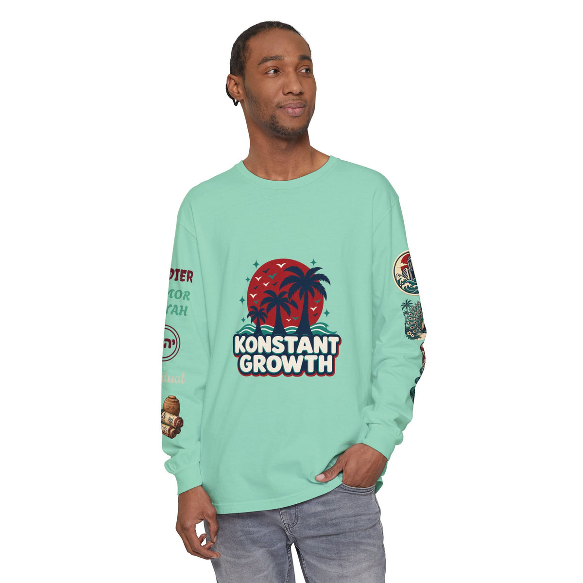 Long Sleeve Tee — "Konstant Growth" Spiritual Palm & Burning Bush Graphic
