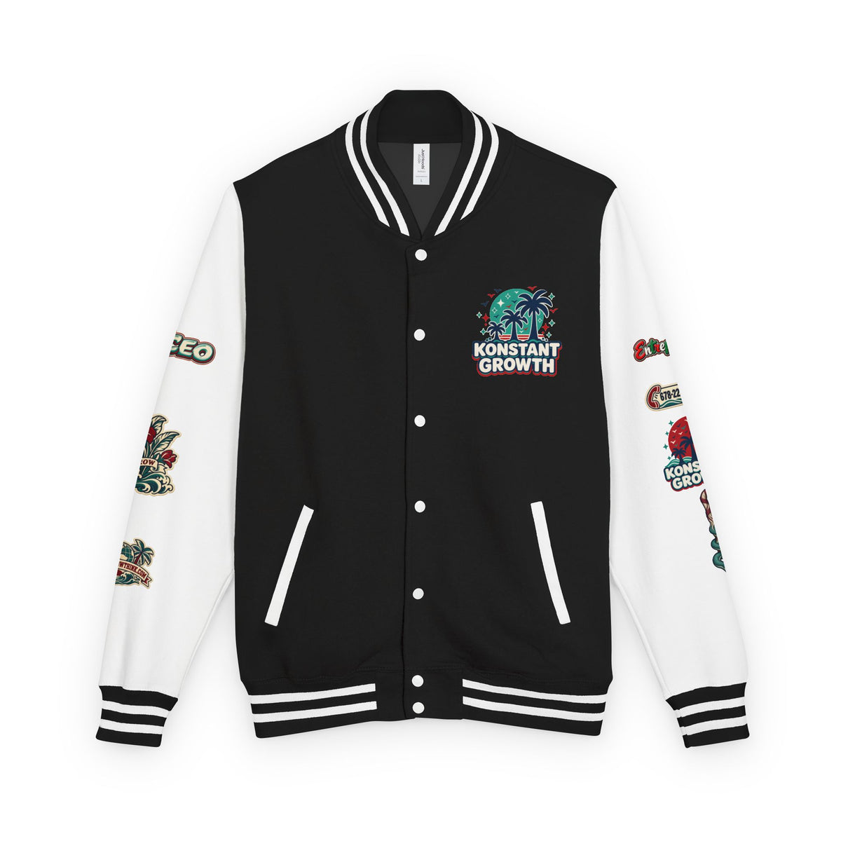 Letterman Jacket — "Konstant Growth" Palm Graphic with "Happiness Health Wealth" Chest Patch Printify