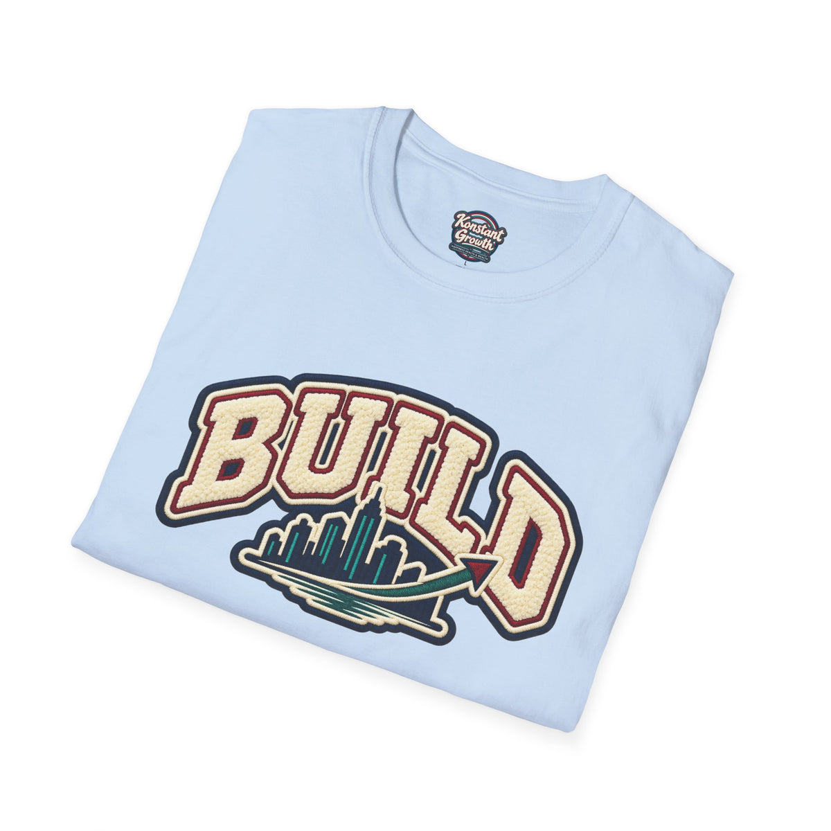 Build City Tee — Retro ‘BUILD’ Graphic T-Shirt with Coastal Cityscape Back Print