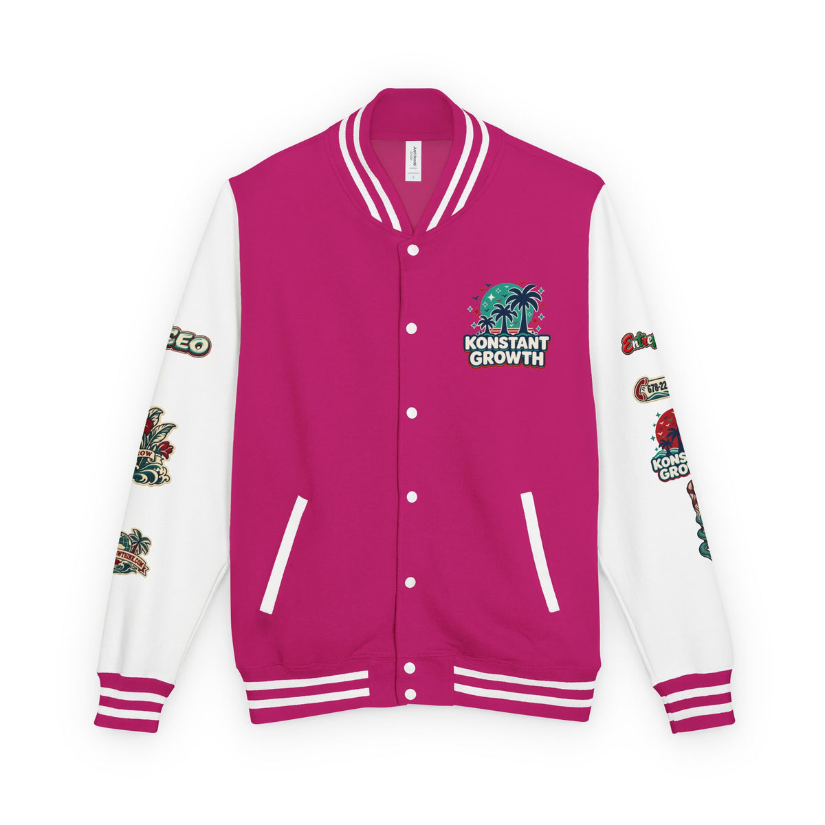Letterman Jacket — "Konstant Growth" Palm Graphic with "Happiness Health Wealth" Chest Patch Printify