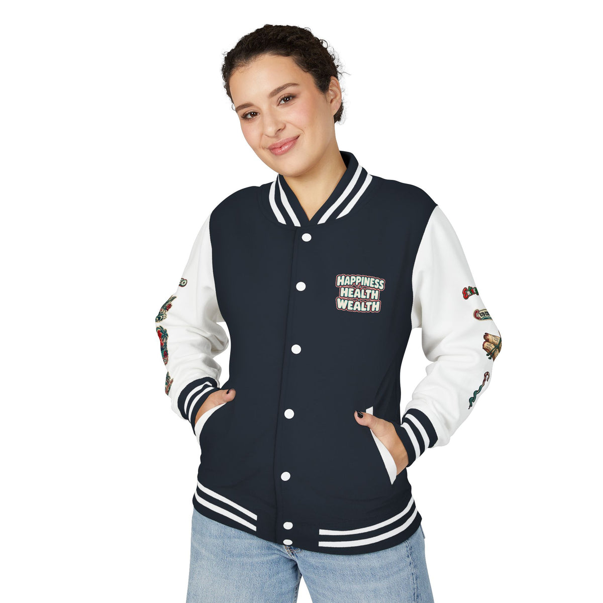 Letterman Jacket — "Konstant Growth" Palm Graphic with "Happiness Health Wealth" Chest Patch