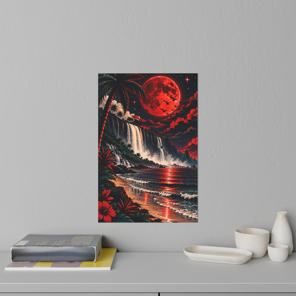 Red Moon Tropical Beach Wall Decal — Crimson Moonlit Waterfall Art