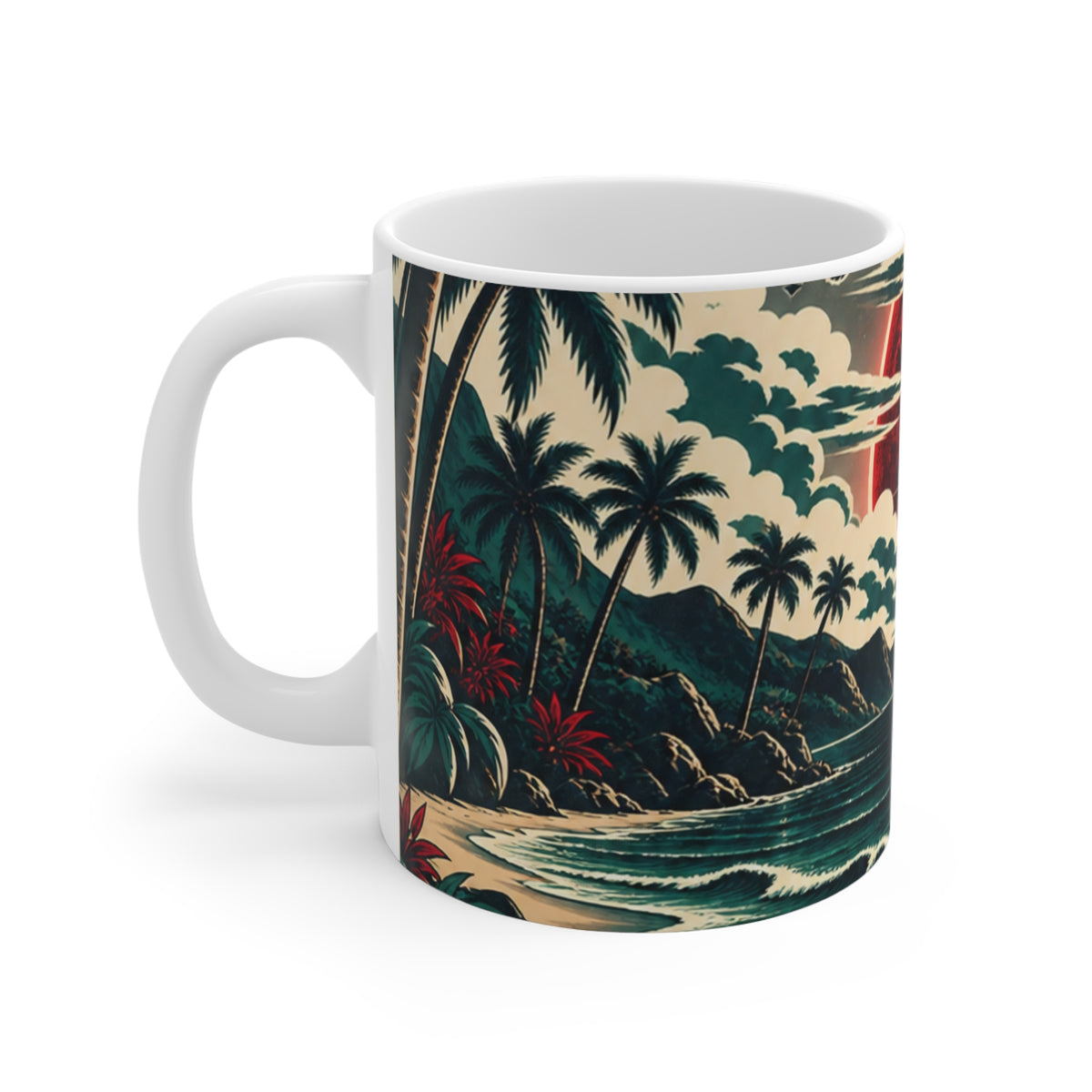 Tropical Sunset Beach Mug — Vintage Palm Tree Ocean 11oz