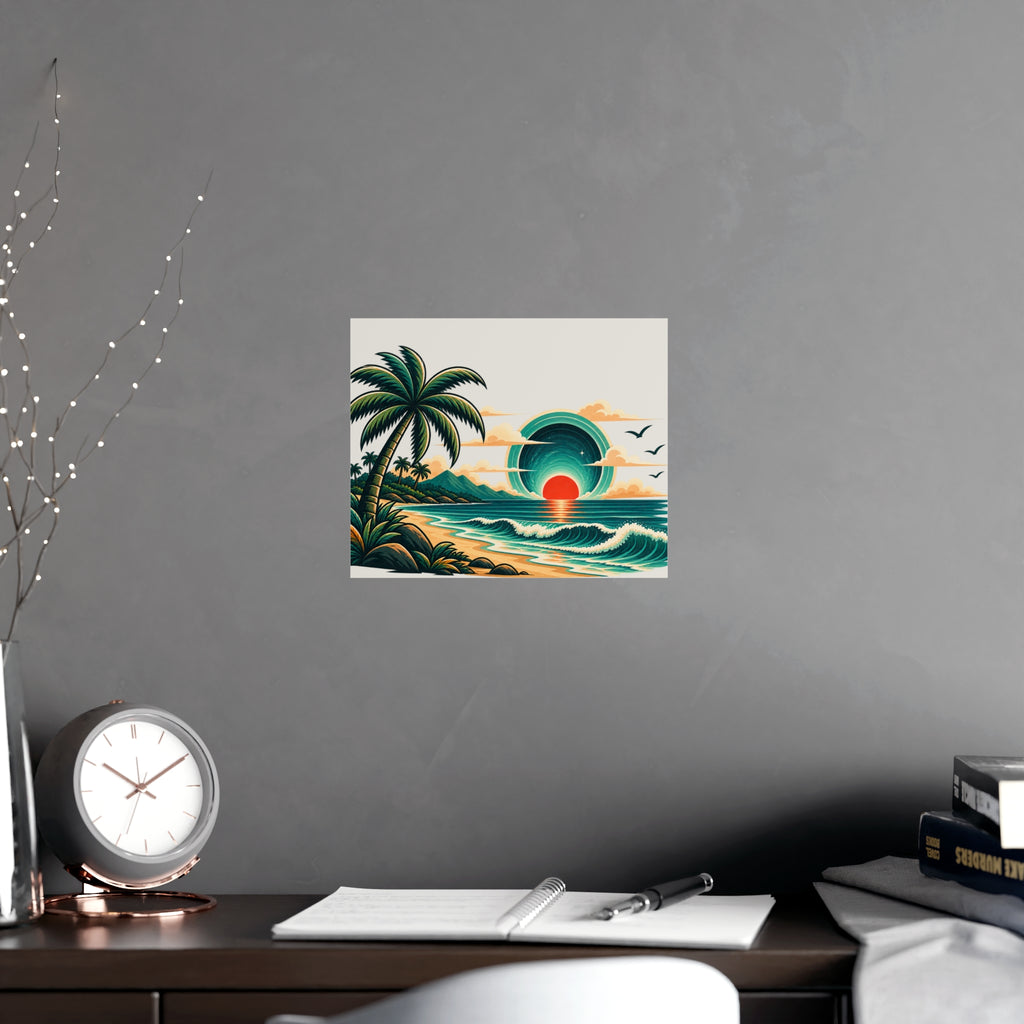 Retro Tropical Sunset Poster | Matte Wall Art, Coastal Palm Beach Print