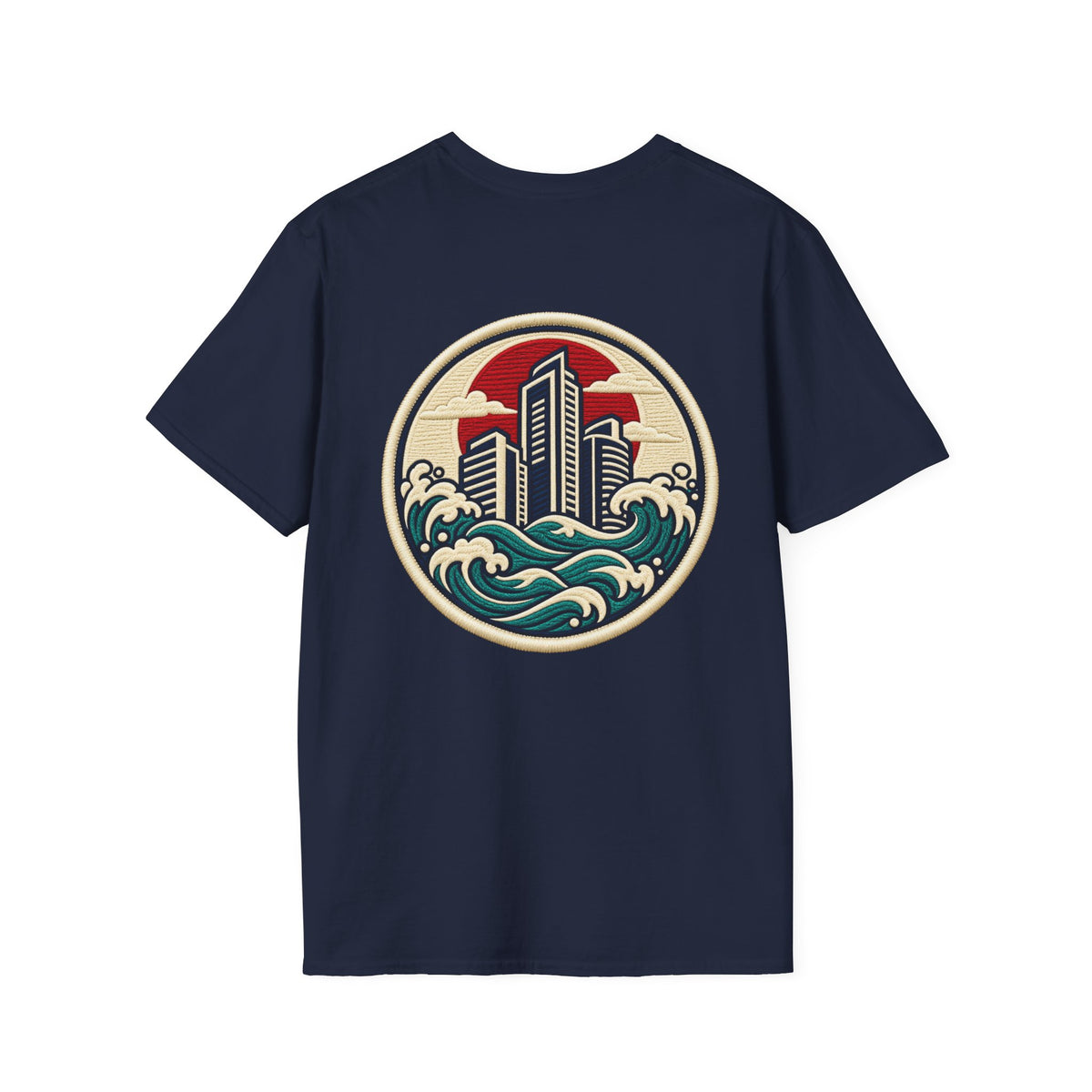 Build City Tee — Retro ‘BUILD’ Graphic T-Shirt with Coastal Cityscape Back Print