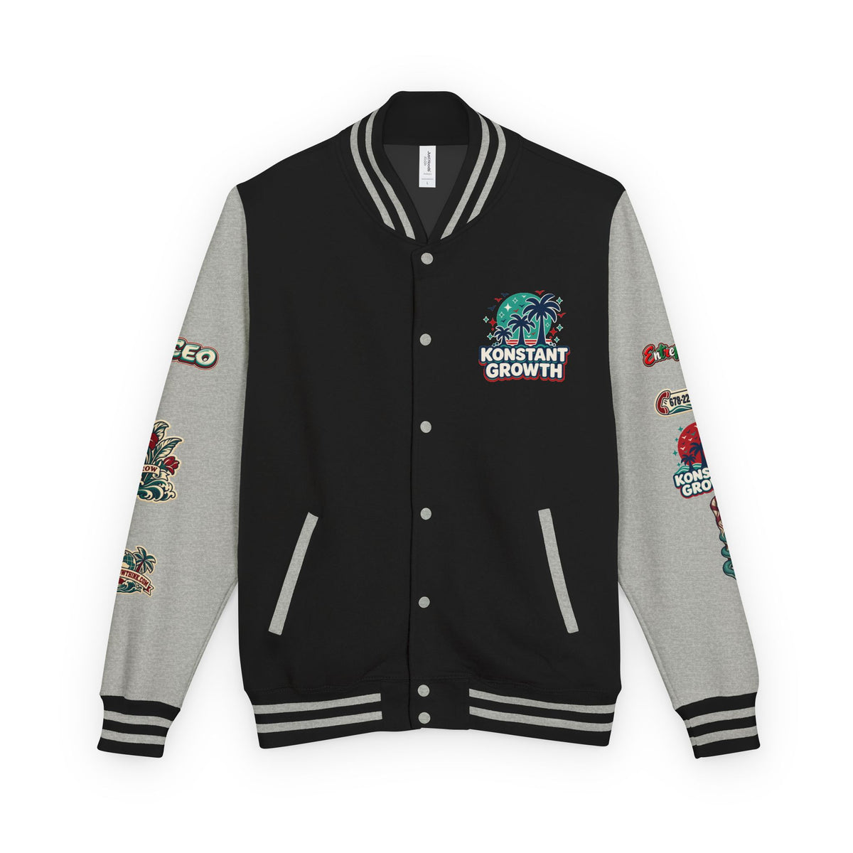 Letterman Jacket — "Konstant Growth" Palm Graphic with "Happiness Health Wealth" Chest Patch Printify