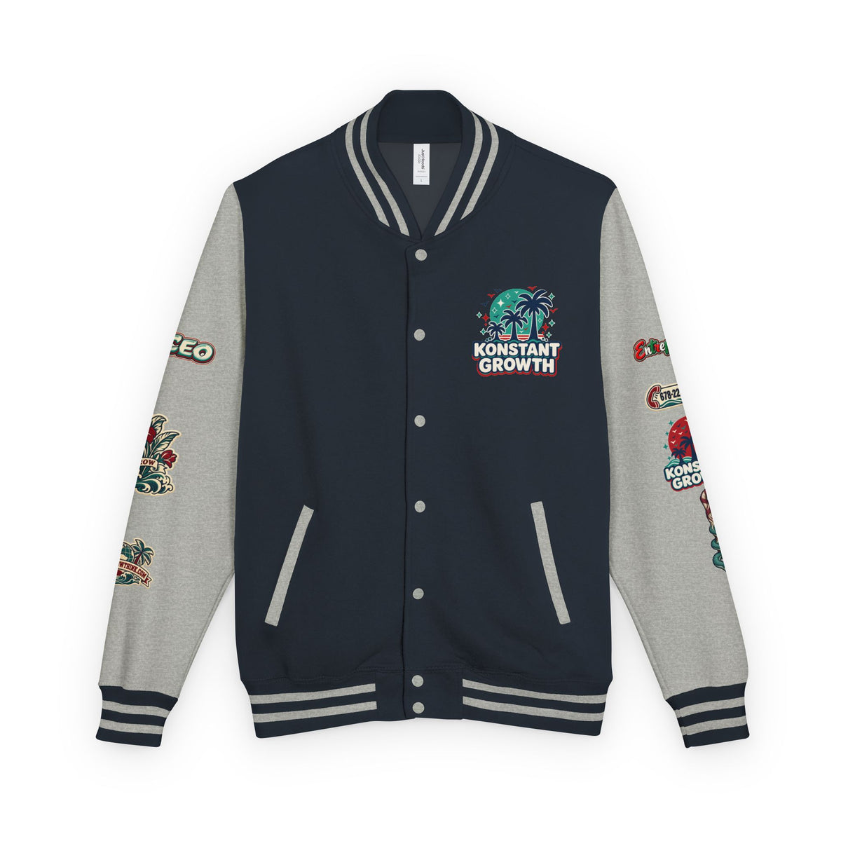 Letterman Jacket — "Konstant Growth" Palm Graphic with "Happiness Health Wealth" Chest Patch Printify
