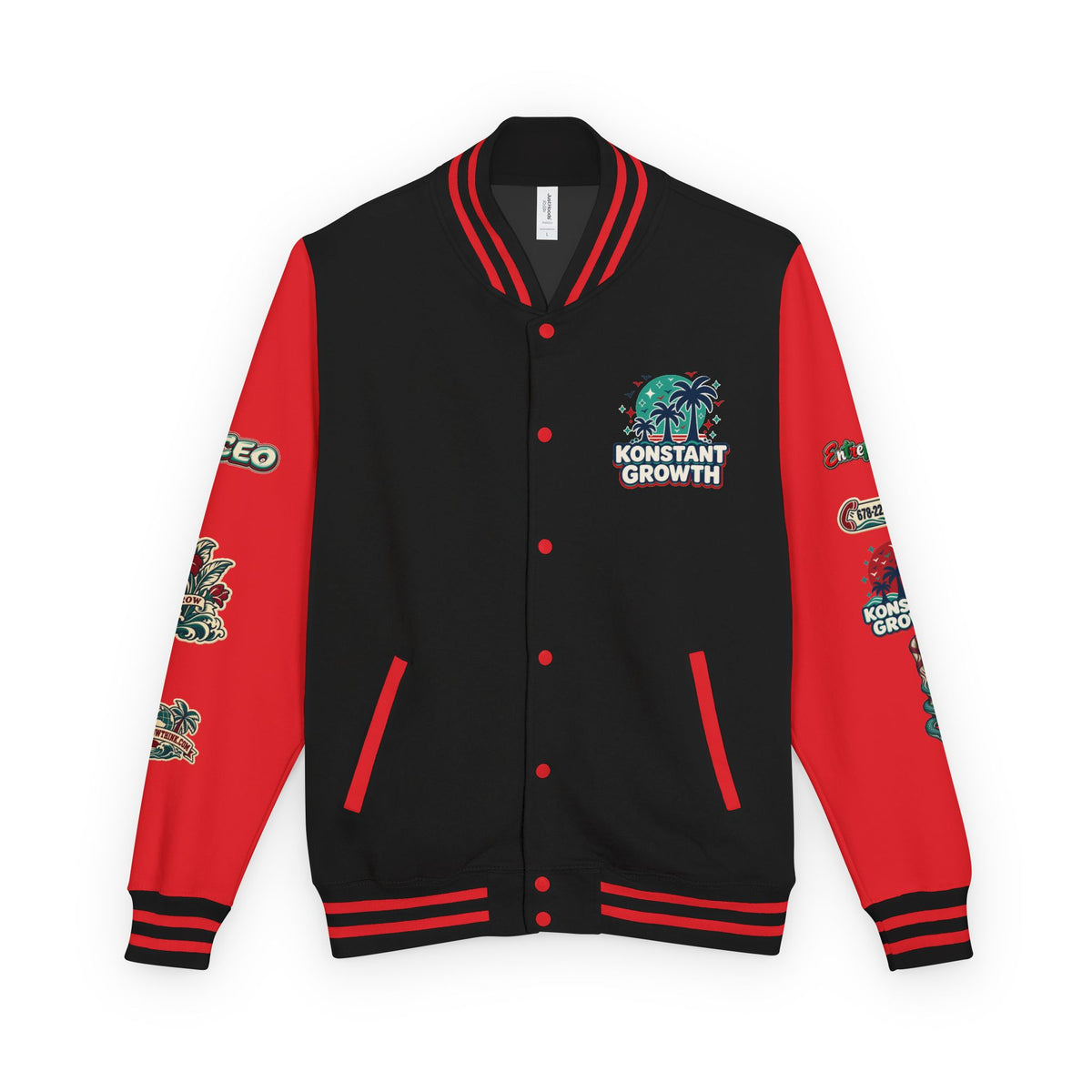 Letterman Jacket — "Konstant Growth" Palm Graphic with "Happiness Health Wealth" Chest Patch Printify