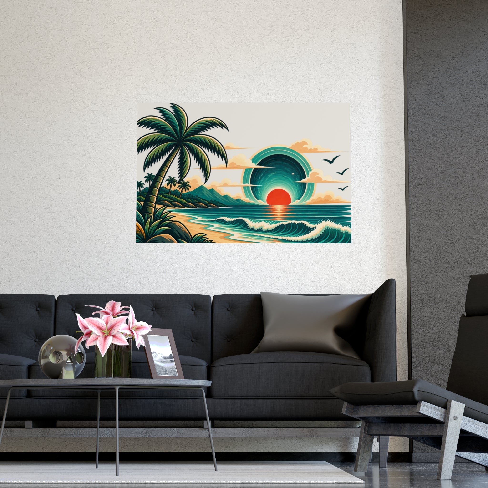 Retro Tropical Sunset Poster | Matte Wall Art, Coastal Palm Beach Print