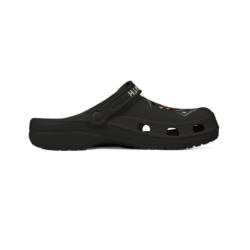 Black Graphic Foam Clogs — ‘Konstant Growth’ Retro Sunset Design