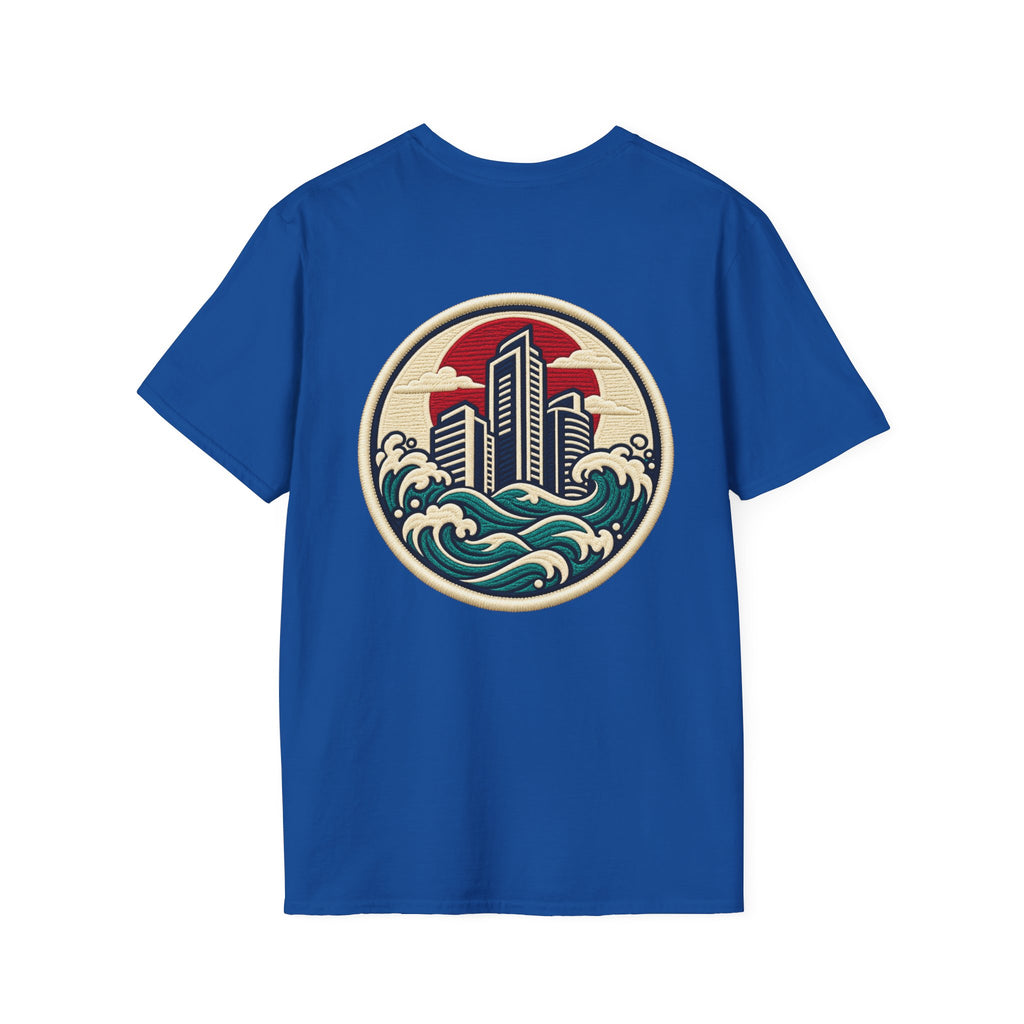 Build City Tee — Retro ‘BUILD’ Graphic T-Shirt with Coastal Cityscape Back Print