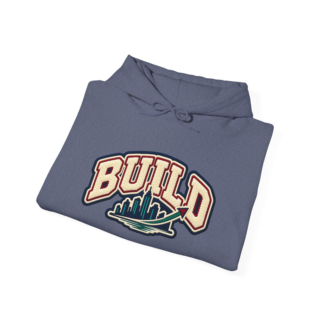 Build Cityscape Hoodie — Vintage Surf-Inspired 'BUILD' Graphic Pullover