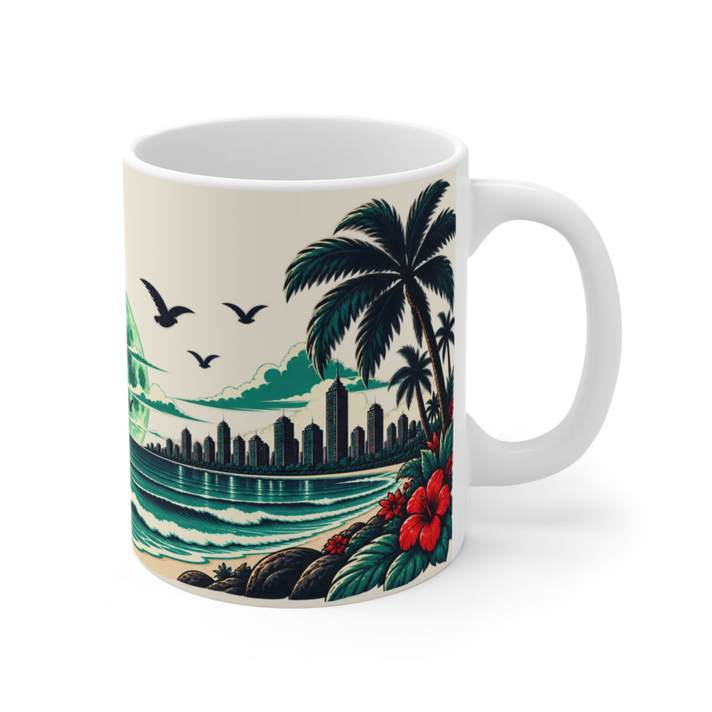 Tropical Moon Beach Mug — Retro Palm Tree Ocean Scene 11oz