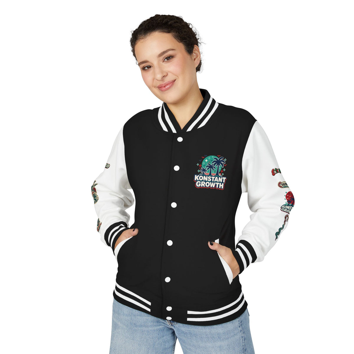 Letterman Jacket — "Konstant Growth" Palm Graphic with "Happiness Health Wealth" Chest Patch Printify
