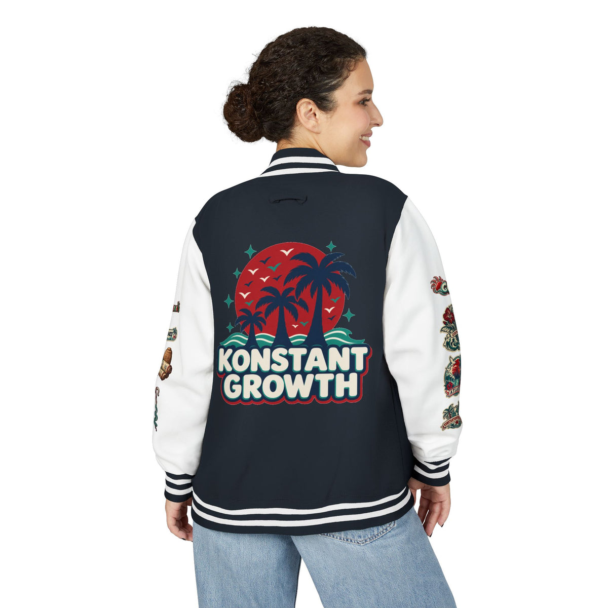 Letterman Jacket — "Konstant Growth" Palm Graphic with "Happiness Health Wealth" Chest Patch