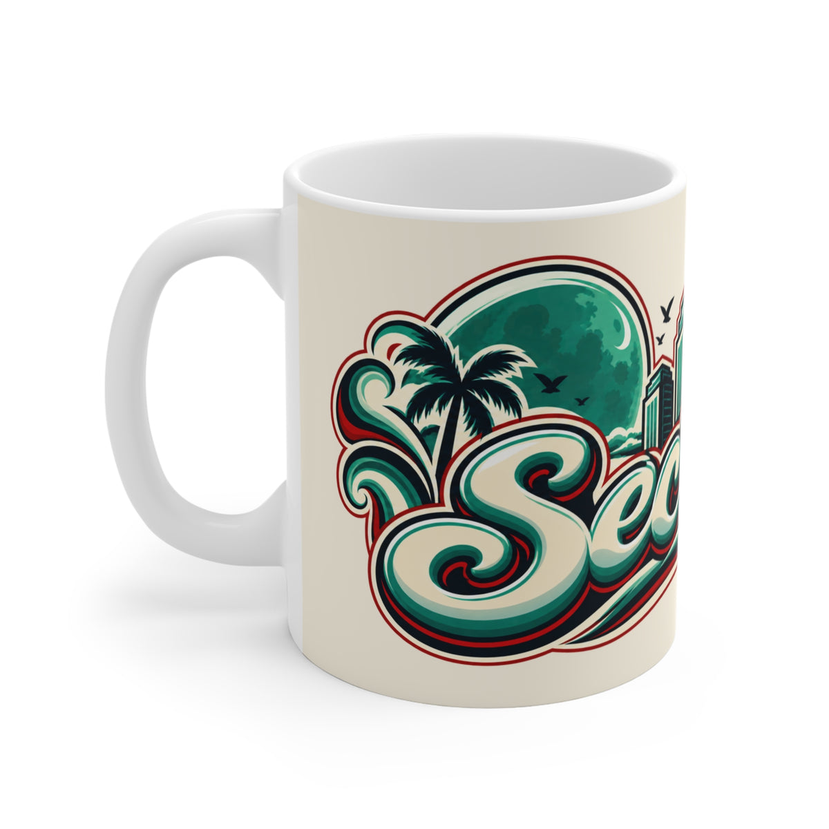 Secret City Vintage Beach Mug — Retro Palm & Skyline 11oz Coffee Cup