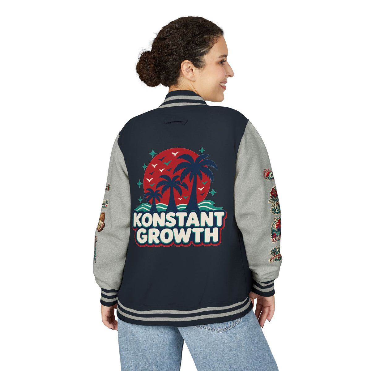 Letterman Jacket — "Konstant Growth" Palm Graphic with "Happiness Health Wealth" Chest Patch