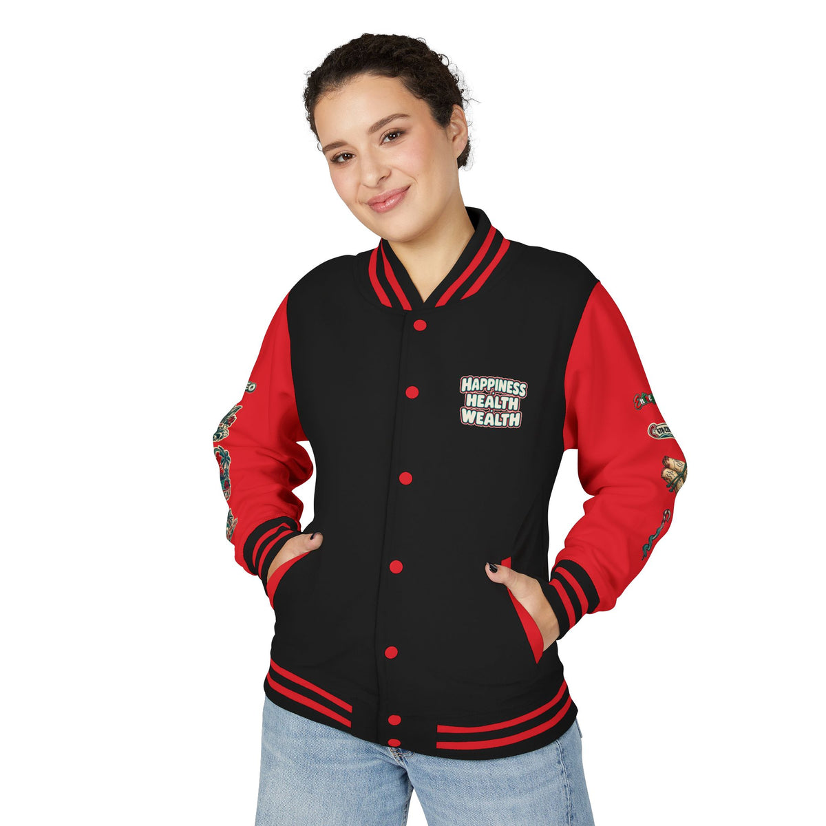 Letterman Jacket — "Konstant Growth" Palm Graphic with "Happiness Health Wealth" Chest Patch