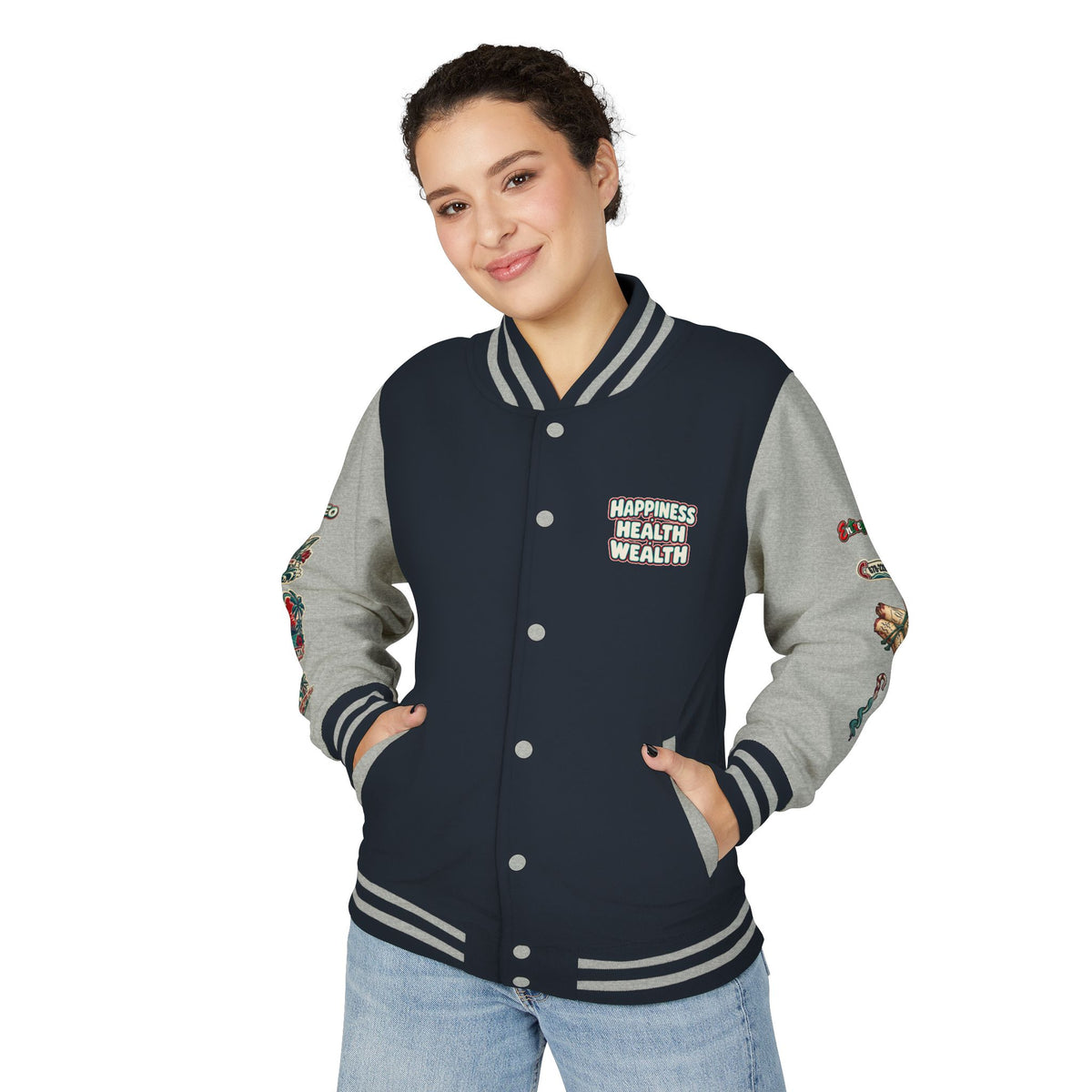 Letterman Jacket — "Konstant Growth" Palm Graphic with "Happiness Health Wealth" Chest Patch