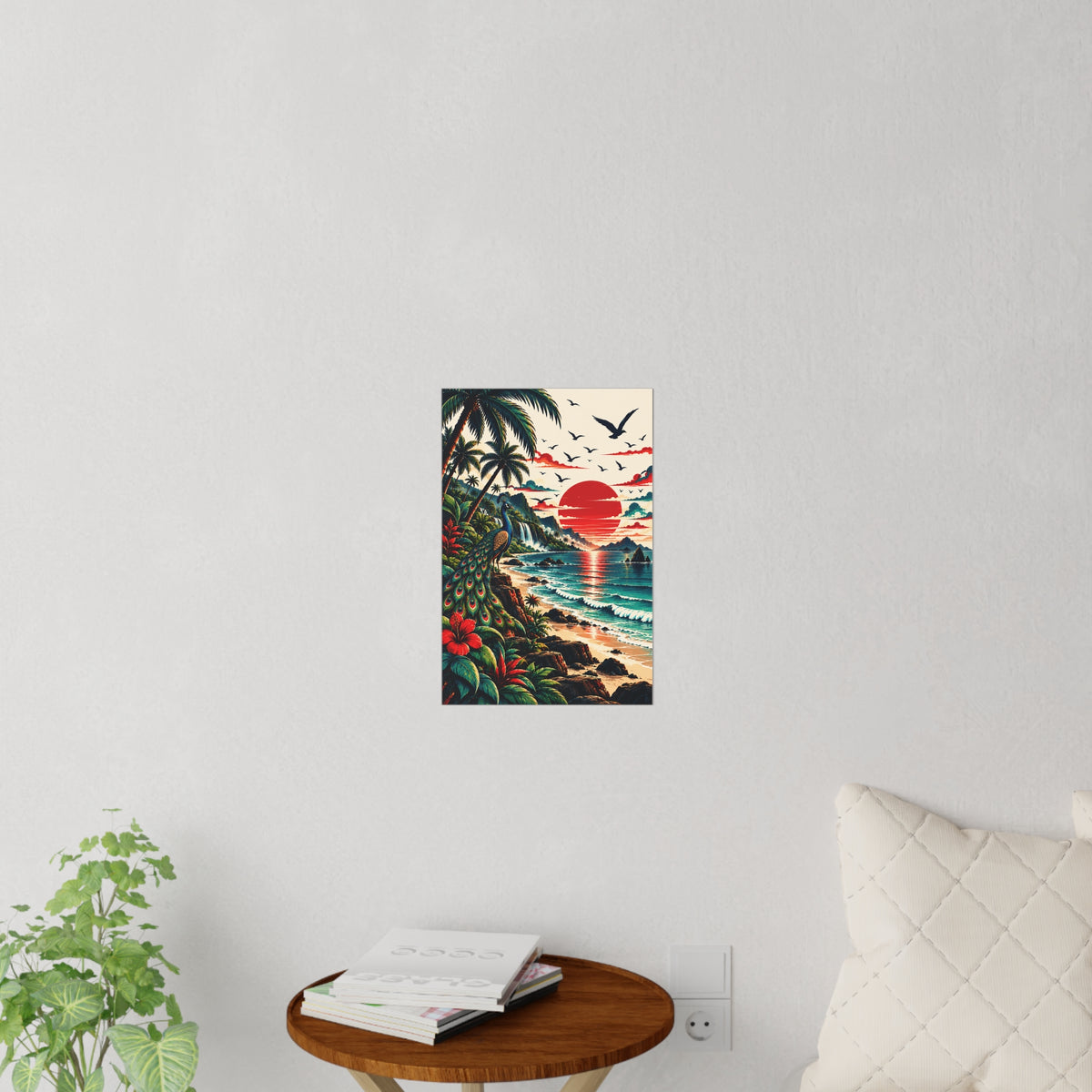 Tropical Sunset Beach Wall Decal — Vintage Peacock Coastal Mural
