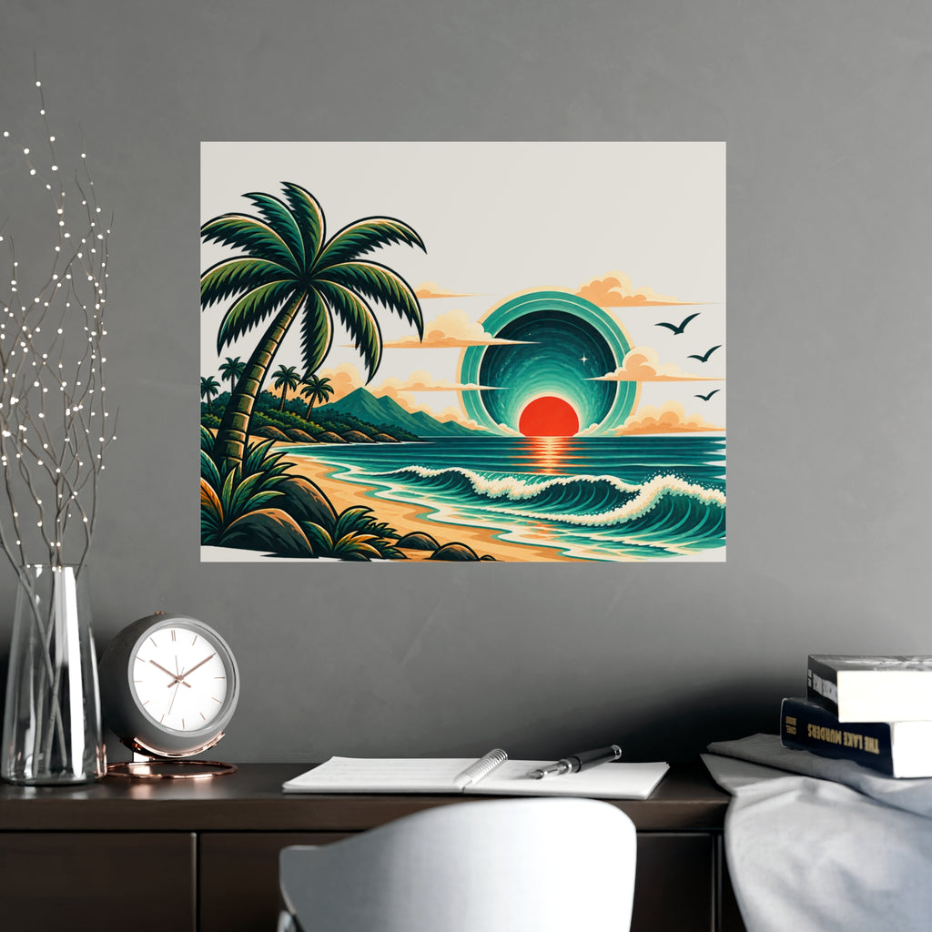 Retro Tropical Sunset Poster | Matte Wall Art, Coastal Palm Beach Print