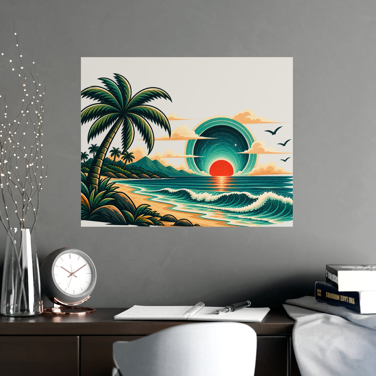 Retro Tropical Sunset Poster | Matte Wall Art, Coastal Palm Beach Print