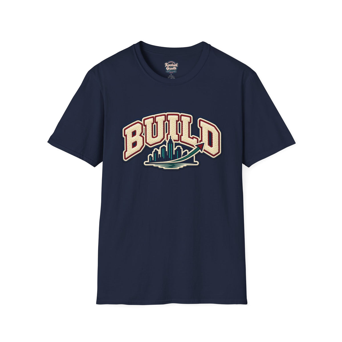 Build City Tee — Retro ‘BUILD’ Graphic T-Shirt with Coastal Cityscape Back Print Printify