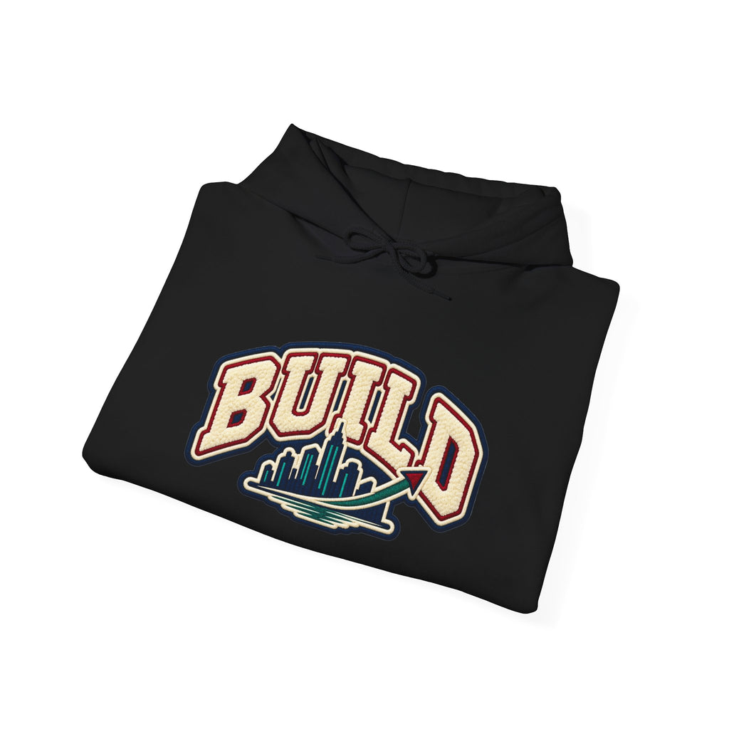 Build Cityscape Hoodie — Vintage Surf-Inspired 'BUILD' Graphic Pullover