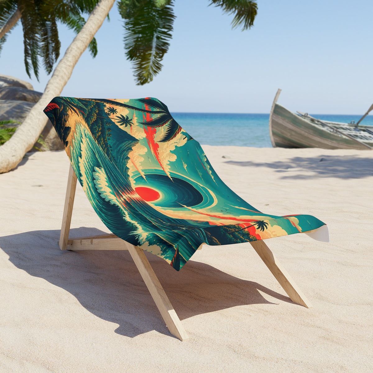 Retro Tropical Sunset Beach Towel | Palm Trees, Ocean Waves
