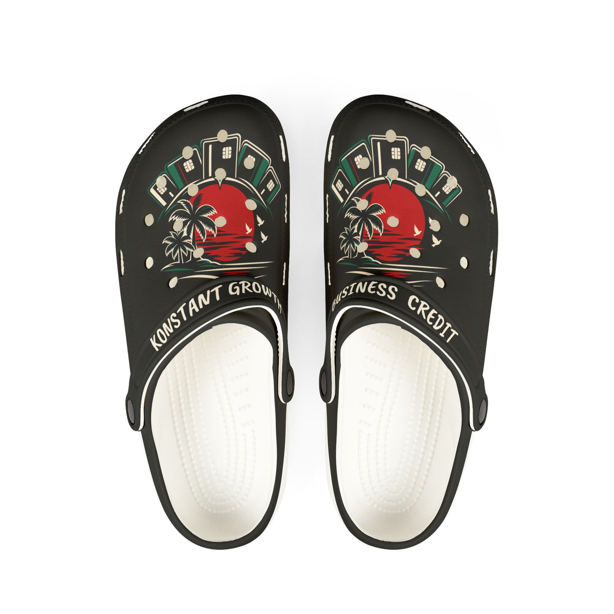 Black Graphic Foam Clogs — ‘Konstant Growth’ Retro Sunset Design