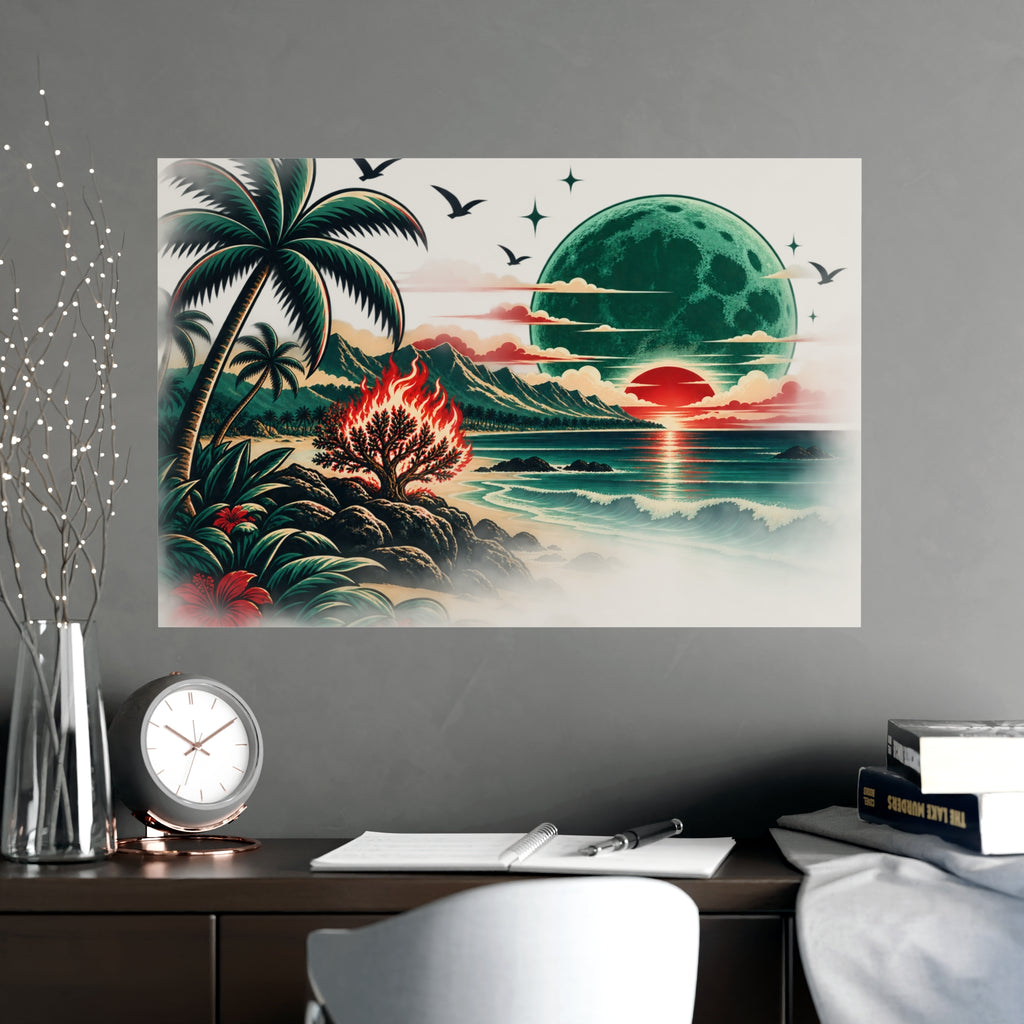 Tropical Moonrise Matte Poster — Retro Sunset Beach Art (Pre-Eclipse Red Sun, Green Moon)