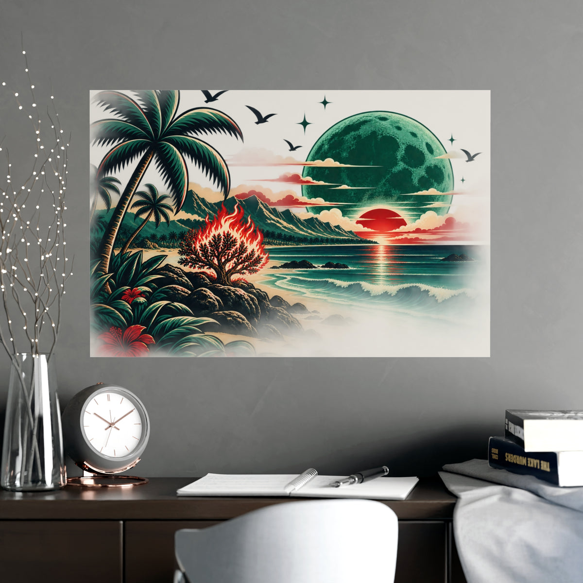 Tropical Moonrise Matte Poster — Retro Sunset Beach Art (Pre-Eclipse Red Sun, Green Moon)