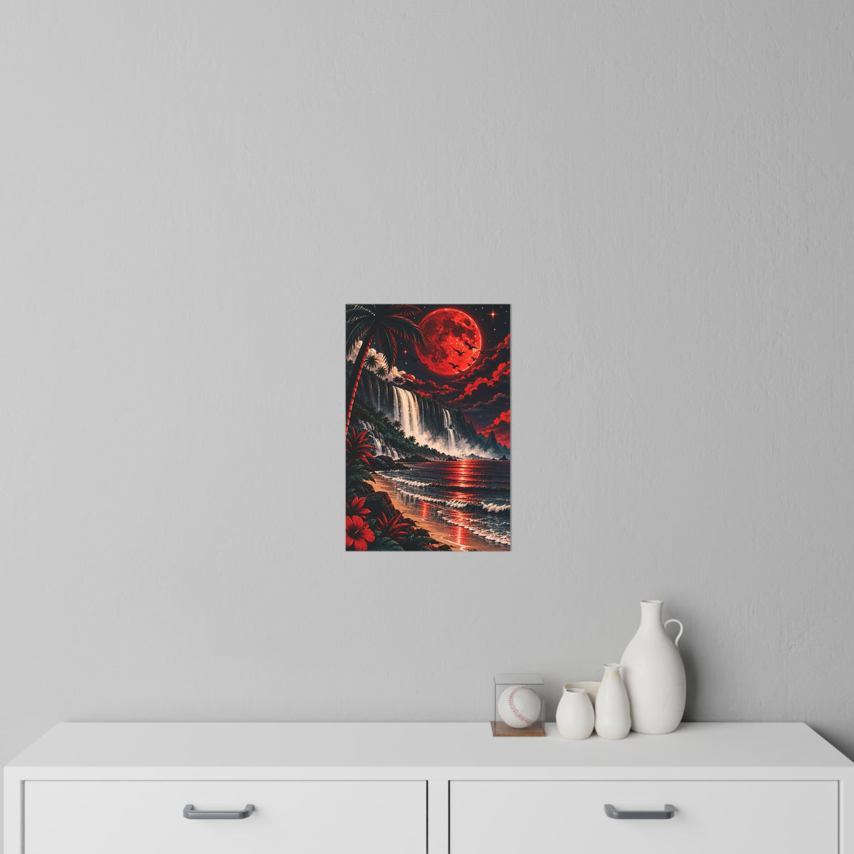 Red Moon Tropical Beach Wall Decal — Crimson Moonlit Waterfall Art