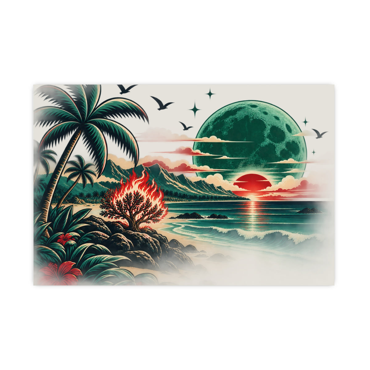 Tropical Moonrise Matte Poster — Retro Sunset Beach Art (Pre-Eclipse Red Sun, Green Moon) Printify