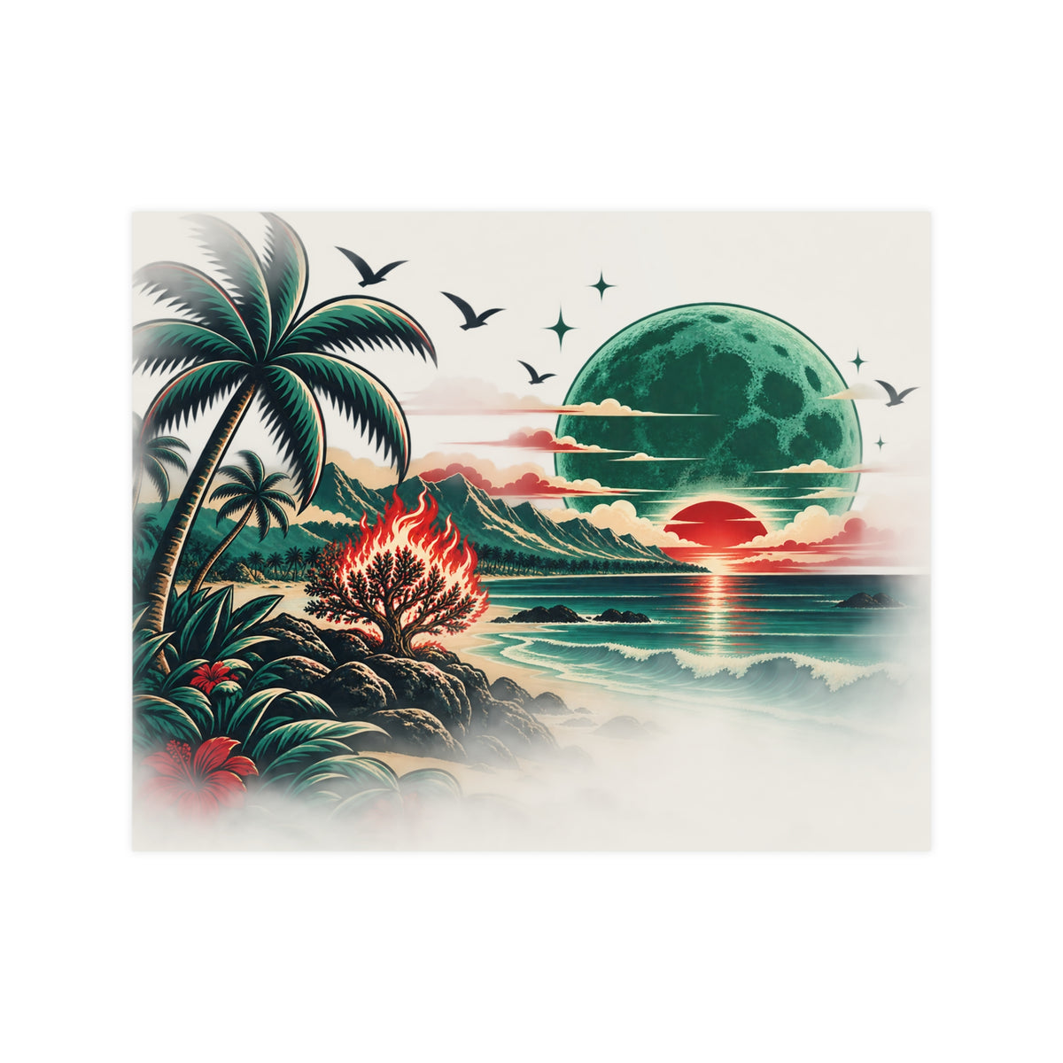 Tropical Moonrise Matte Poster — Retro Sunset Beach Art (Pre-Eclipse Red Sun, Green Moon) Printify