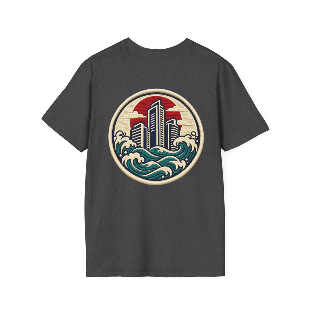 Build City Tee — Retro ‘BUILD’ Graphic T-Shirt with Coastal Cityscape Back Print