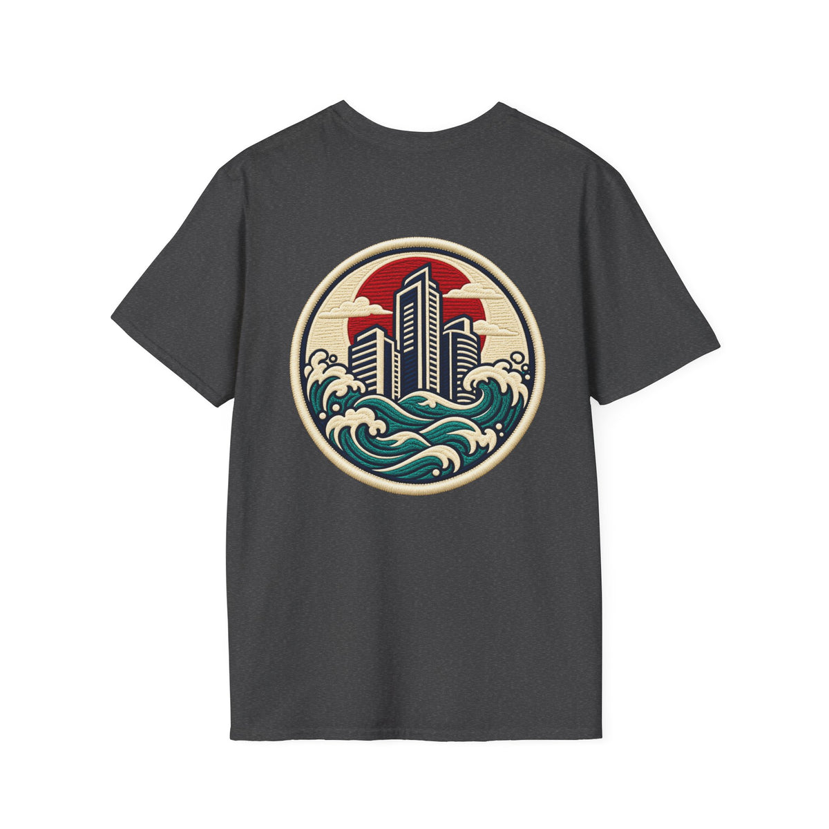 Build City Tee — Retro ‘BUILD’ Graphic T-Shirt with Coastal Cityscape Back Print